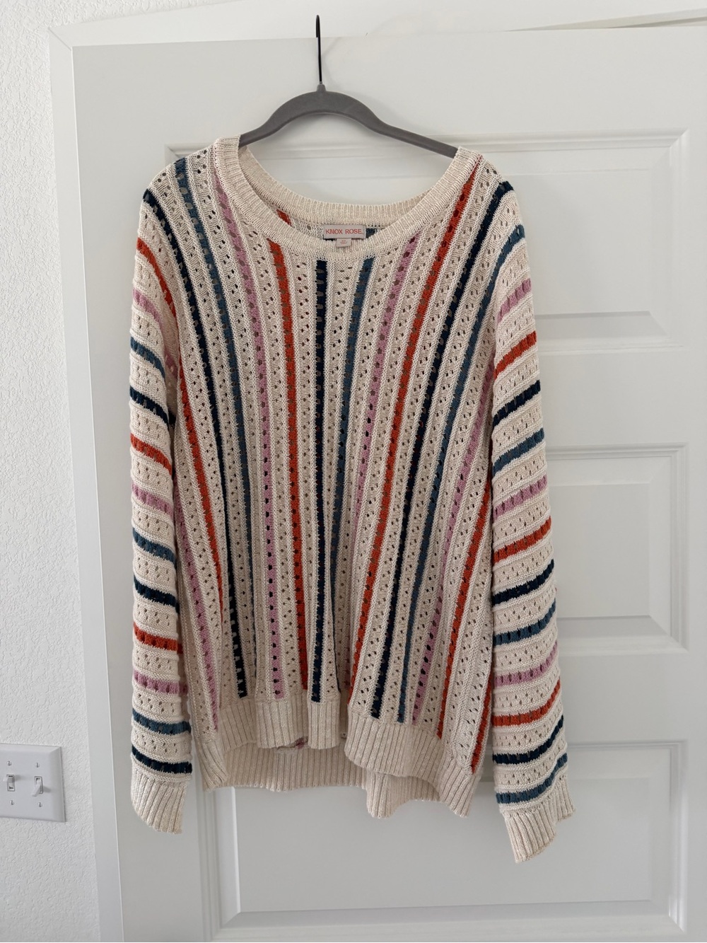 Knox Rose Cream Open-Knit Sweater with Navy, Rust & Pink Stripes